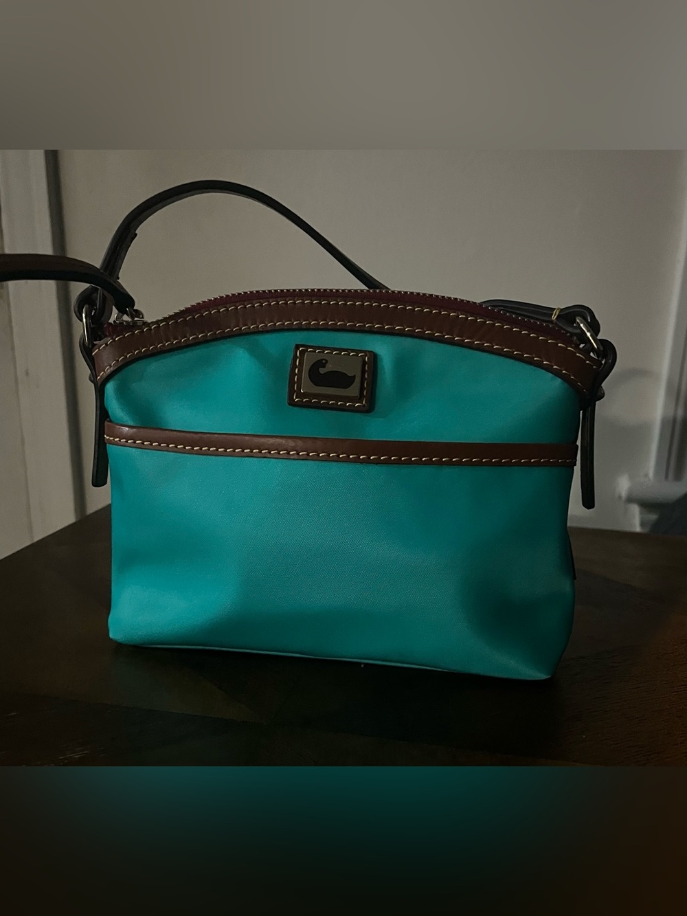Dooney & Bourke Teal Nylon Doomed Wayfarer Crossbody Bag with Brown Leather Trim
